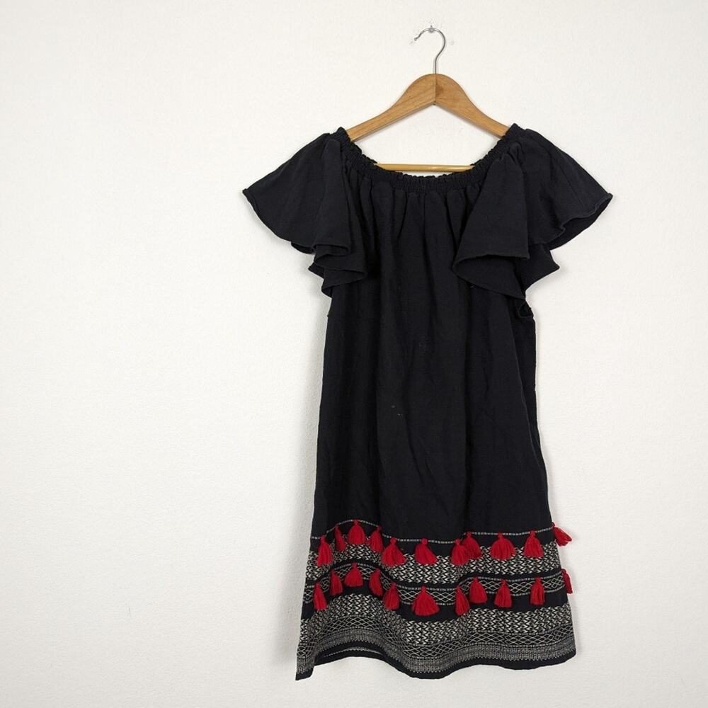 Piper Perth Dress M Black Red Tassel Off Shoulder Boho Mini Cocktail Party - Picture 3 of 7